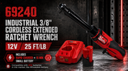 Industrial 3/8" Cordless Extended Ratchet Wrench - 12V - 25 ft/lb